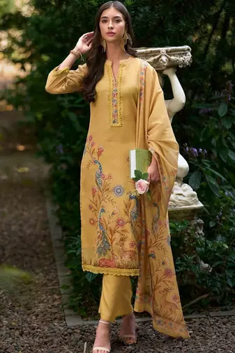 Women Ethnic Motifs Printed Regular Thread Work Linen Kurta with Trousers & With Dupatta