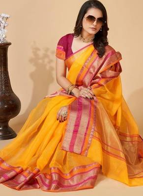 Yellow silk blend woven design saree with blouse 2