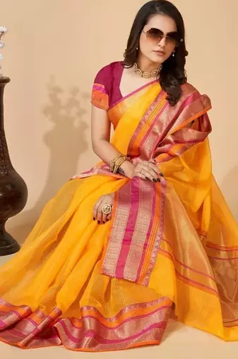 Yellow silk blend woven design saree with blouse
