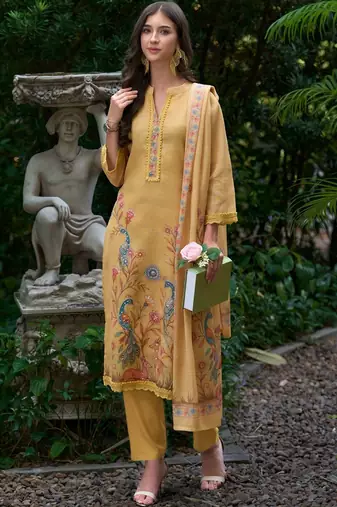 Women Ethnic Motifs Printed Regular Thread Work Linen Kurta with Trousers & With Dupatta