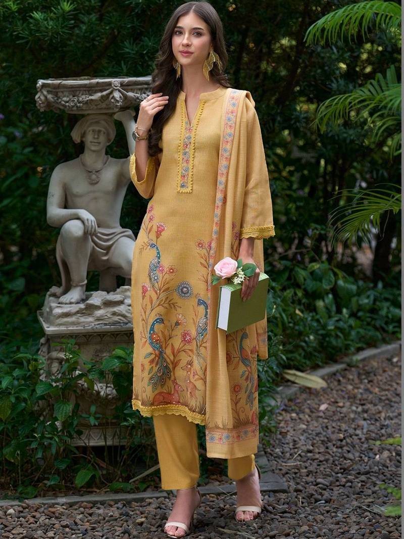 Women Ethnic Motifs Printed Regular Thread Work Linen Kurta with Trousers & With Dupatta