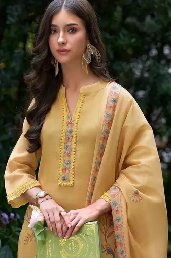 Women Ethnic Motifs Printed Regular Thread Work Linen Kurta with Trousers & With Dupatta