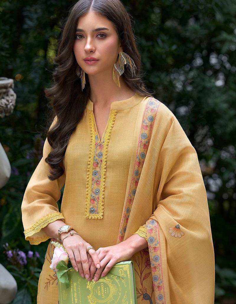 Women Ethnic Motifs Printed Regular Thread Work Linen Kurta with Trousers & With Dupatta