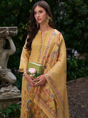 Women Ethnic Motifs Printed Regular Thread Work Linen Kurta with Trousers & With Dupatta 4