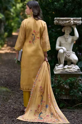 Women Ethnic Motifs Printed Regular Thread Work Linen Kurta with Trousers & With Dupatta