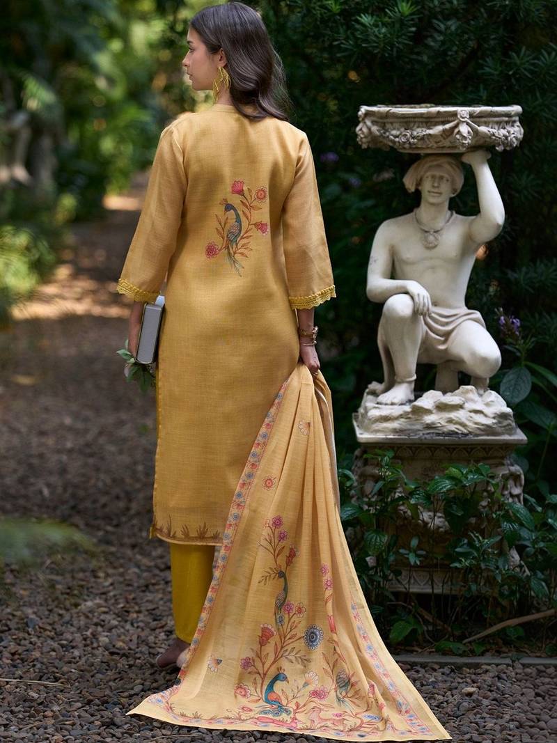 Women Ethnic Motifs Printed Regular Thread Work Linen Kurta with Trousers & With Dupatta