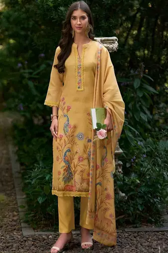 Women Ethnic Motifs Printed Regular Thread Work Linen Kurta with Trousers & With Dupatta