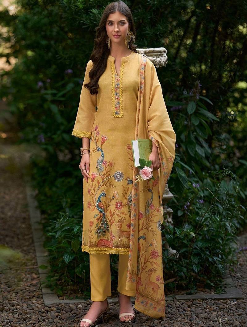 Women Ethnic Motifs Printed Regular Thread Work Linen Kurta with Trousers & With Dupatta