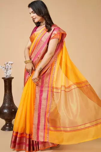 Yellow silk blend woven design saree with blouse