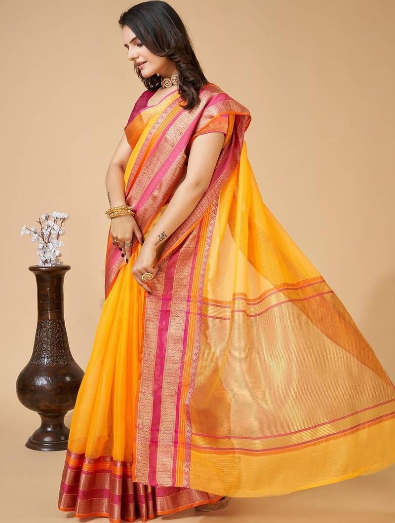 Yellow silk blend woven design saree with blouse