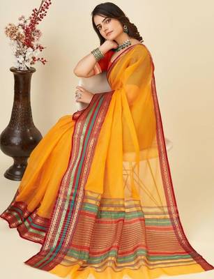Yellow silk blend woven design saree with blouse 1