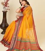 Yellow silk blend woven design saree with blouse