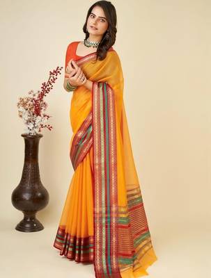 Yellow silk blend woven design saree with blouse 2