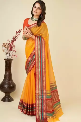 Yellow silk blend woven design saree with blouse