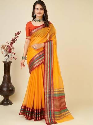 Yellow silk blend woven design saree with blouse 3