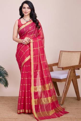 Pink silk blend woven design saree with blouse