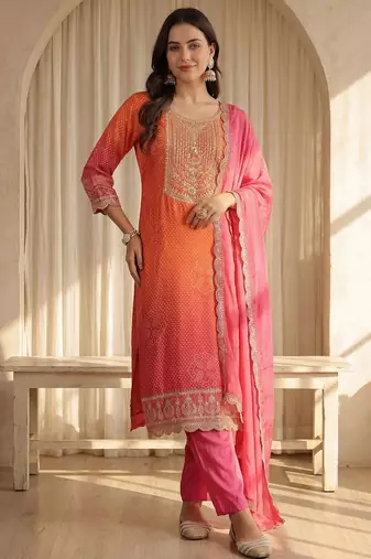 Women Bandhani Printed Regular Sequinned Kurta with Trousers & With Dupatta