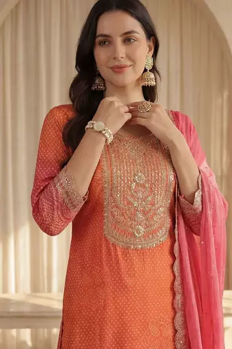 Women Bandhani Printed Regular Sequinned Kurta with Trousers & With Dupatta