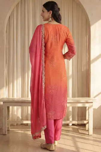 Women Bandhani Printed Regular Sequinned Kurta with Trousers & With Dupatta