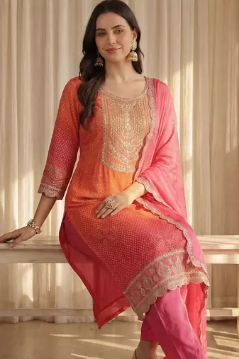 Women Bandhani Printed Regular Sequinned Kurta with Trousers & With Dupatta