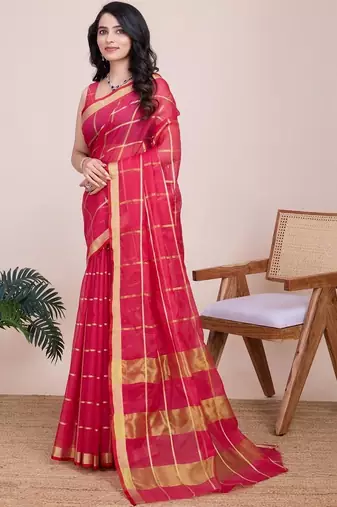 Pink silk blend woven design saree with blouse
