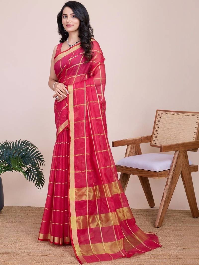 Pink silk blend woven design saree with blouse