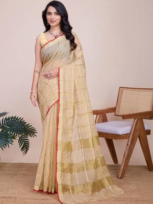 Beige silk blend checked saree with blouse 1