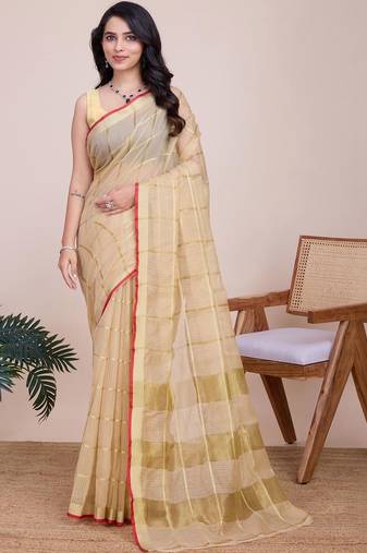 Beige silk blend checked saree with blouse