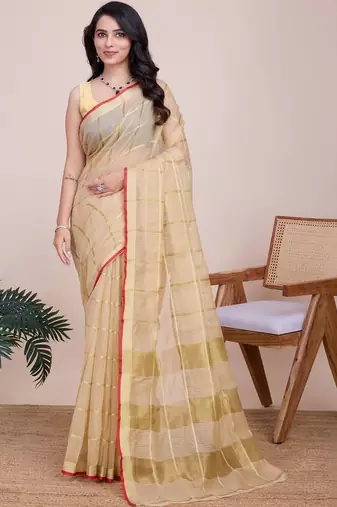 Beige silk blend checked saree with blouse