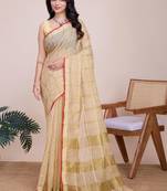 Beige silk blend checked saree with blouse