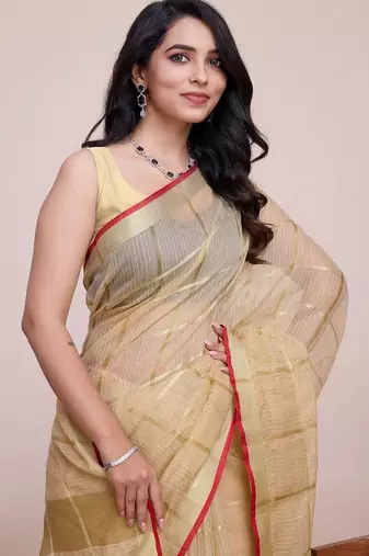Beige silk blend checked saree with blouse