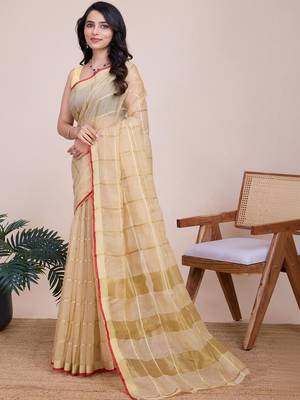 Beige silk blend checked saree with blouse 3