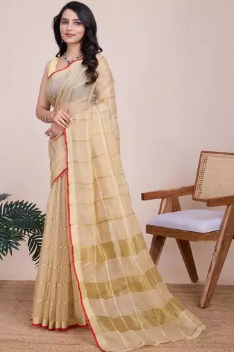 Beige silk blend checked saree with blouse