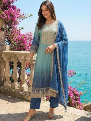 Women Ethnic Motifs Printed Regular Thread Work Kurta with Trousers & With Dupatta 2