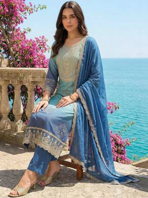 Women Ethnic Motifs Printed Regular Thread Work Kurta with Trousers & With Dupatta 4