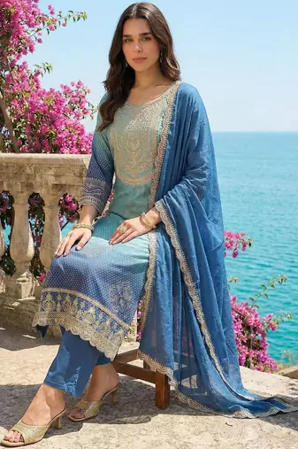 Women Ethnic Motifs Printed Regular Thread Work Kurta with Trousers & With Dupatta