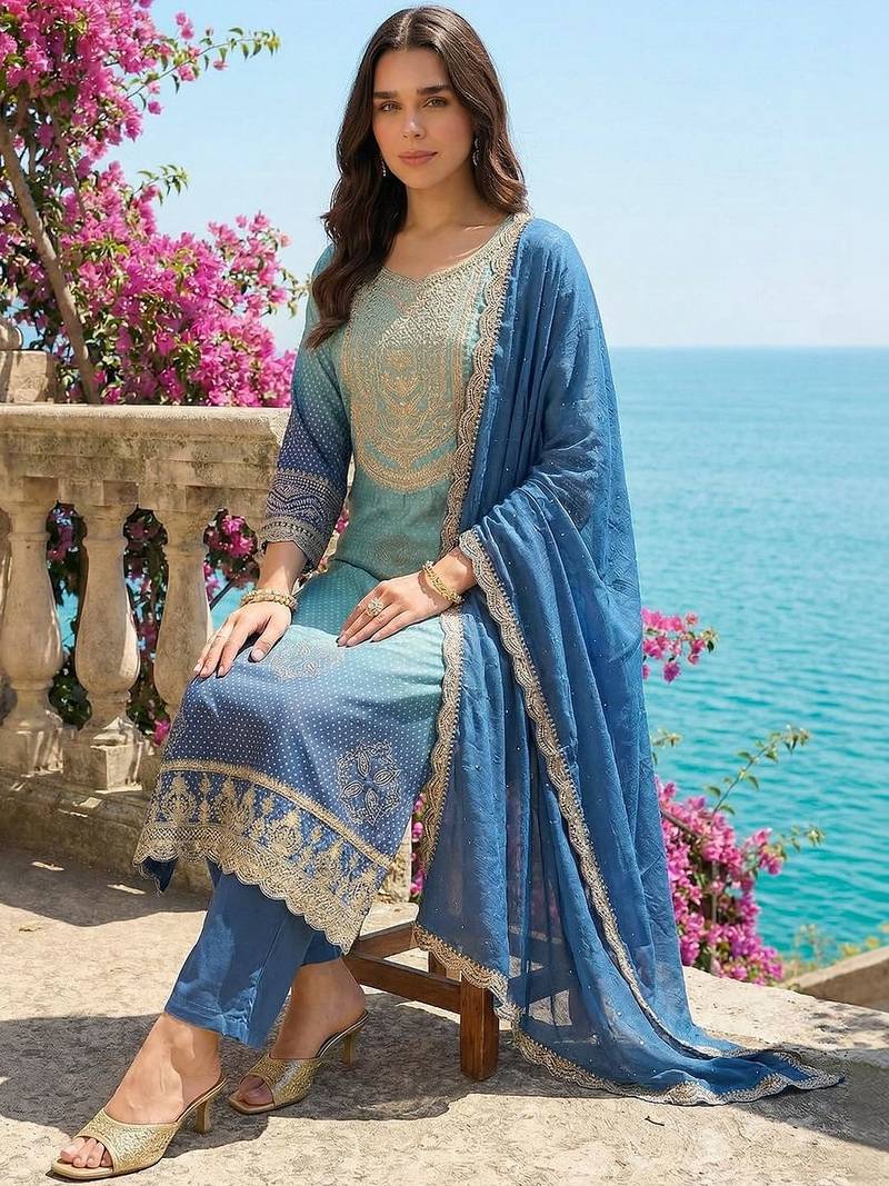 Women Ethnic Motifs Printed Regular Thread Work Kurta with Trousers & With Dupatta