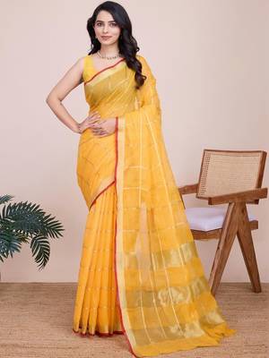 Yellow silk blend woven design saree with blouse 1