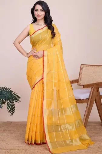 Yellow silk blend woven design saree with blouse