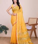 Yellow silk blend woven design saree with blouse