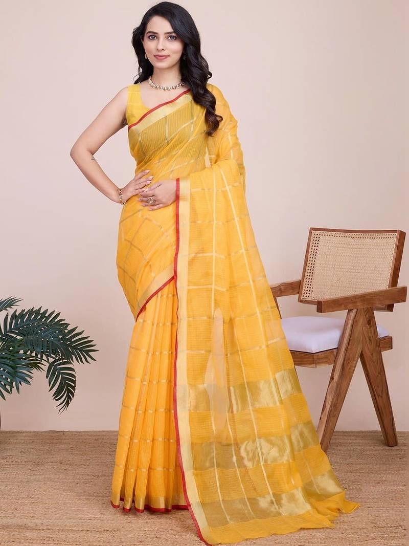 Yellow silk blend woven design saree with blouse