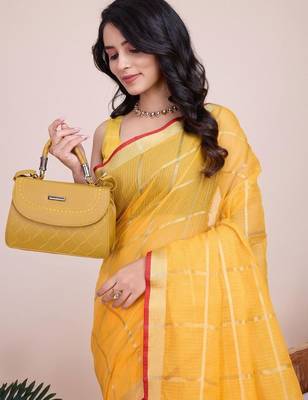 Yellow silk blend woven design saree with blouse 2
