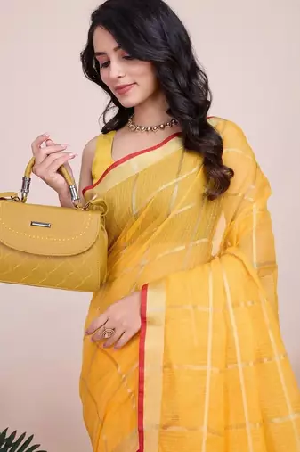 Yellow silk blend woven design saree with blouse