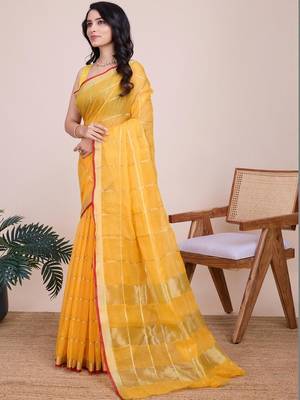 Yellow silk blend woven design saree with blouse 3