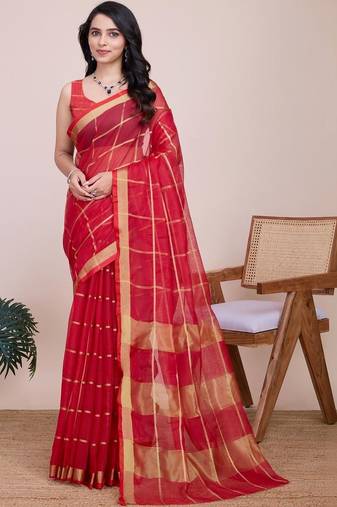 Red silk blend checked saree with blouse