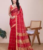 Red silk blend checked saree with blouse