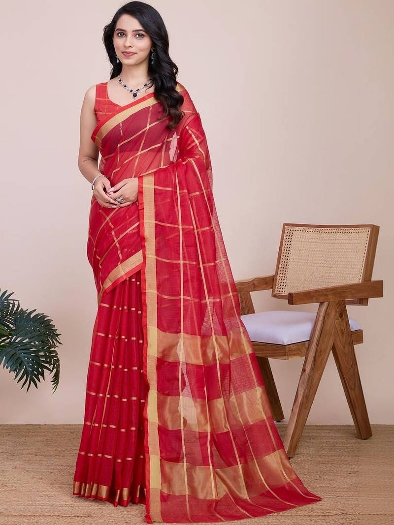 Red silk blend checked saree with blouse