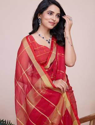 Red silk blend checked saree with blouse 2