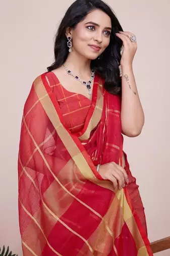Red silk blend checked saree with blouse