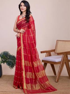 Red silk blend checked saree with blouse 3